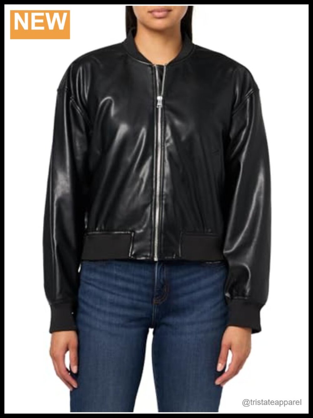 Faux Leather Bomber Jacket Long Sleeve Zip Up Aviator Style